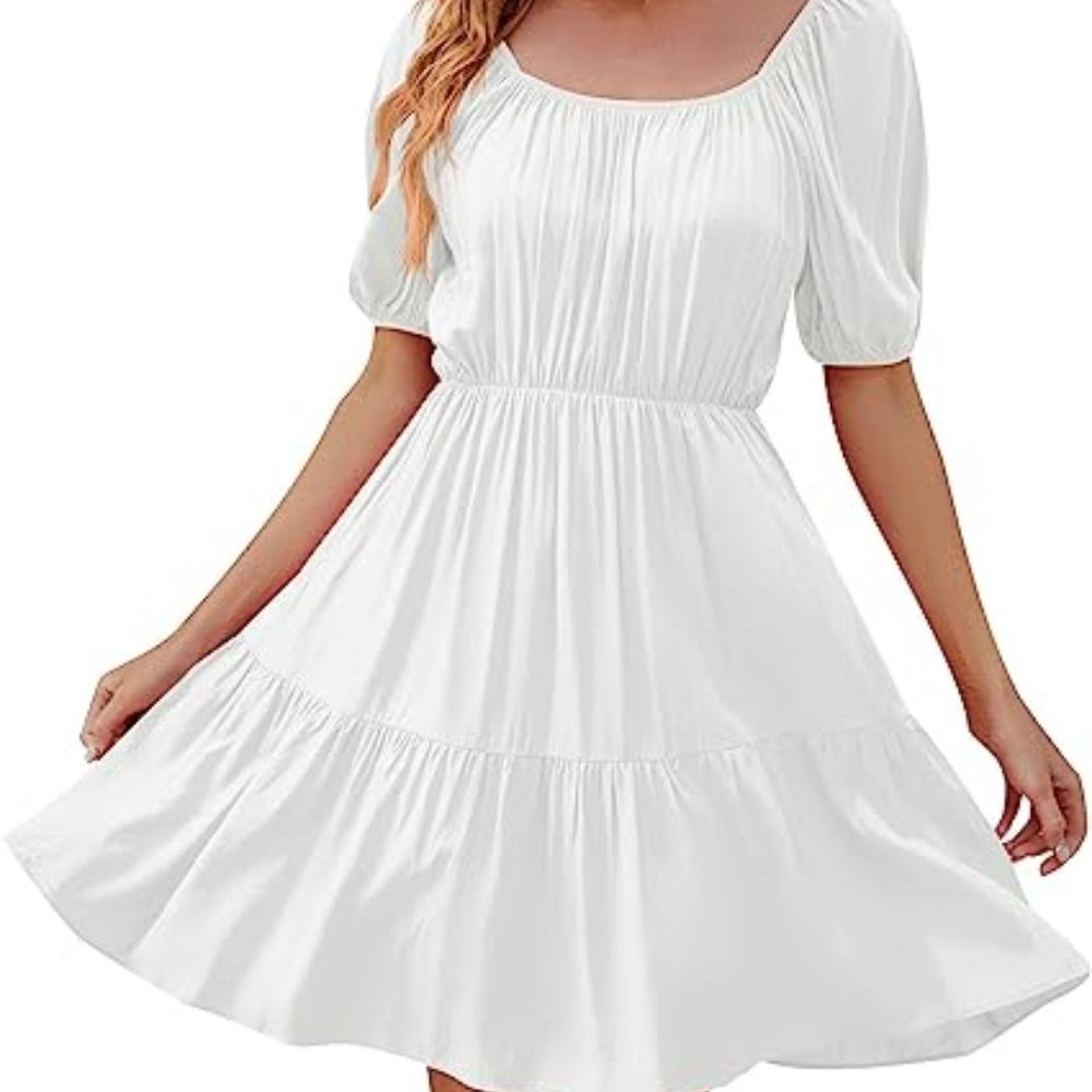QIGUANDZ Women Puff Short Sleeve Square Neck Pleated A-Line Dress Waist-Defined